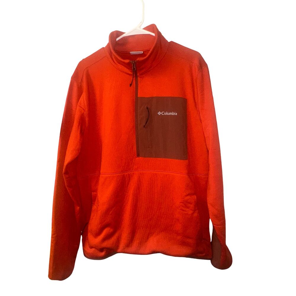 Columbia Mens Large Red Orange Half Zip Fleece Pullover Jacket Chest Pocket Outd